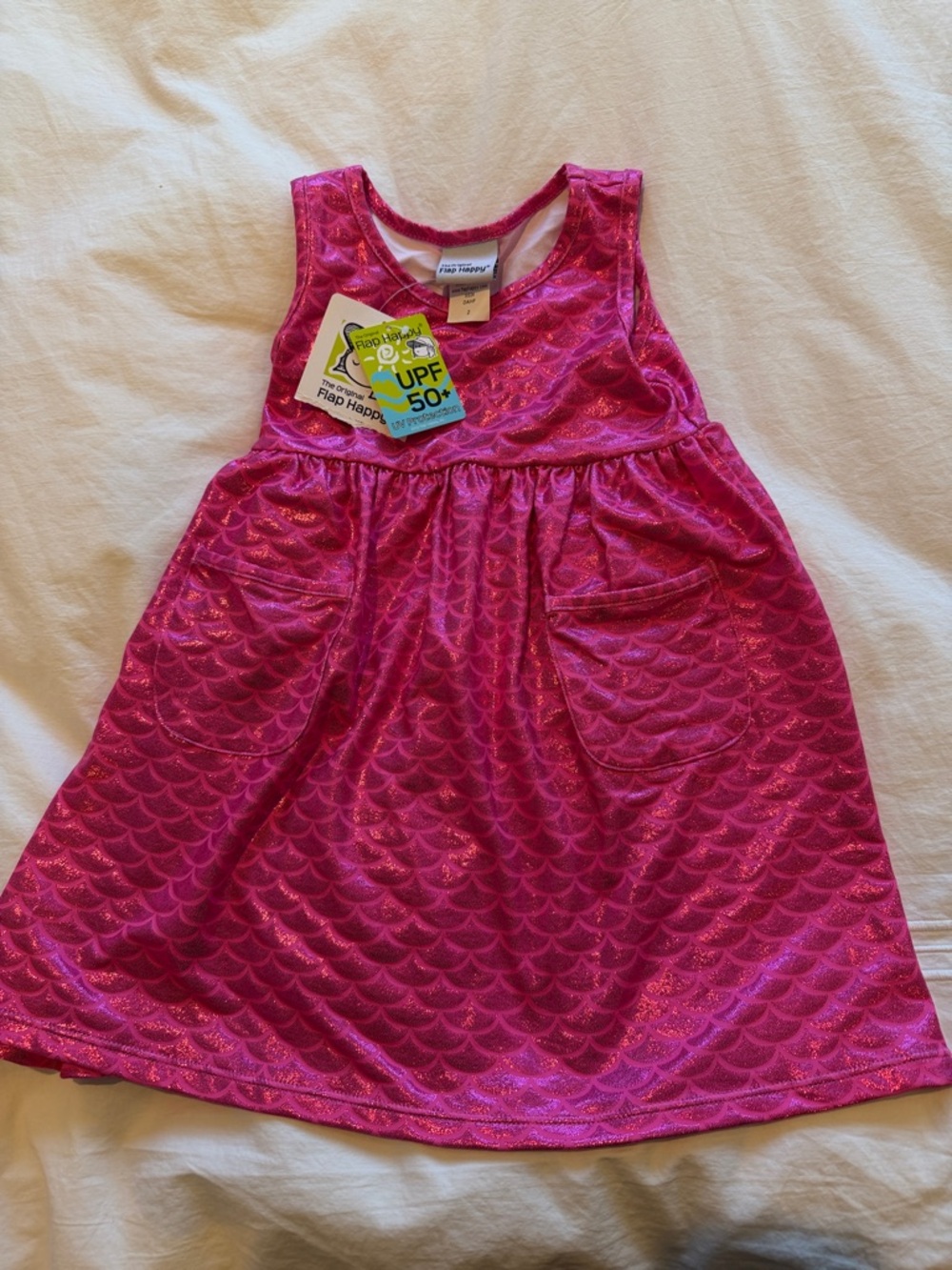 Flap Happy Pink Shimmery Mermaid-Scale Girls' Dress. UPF 50+